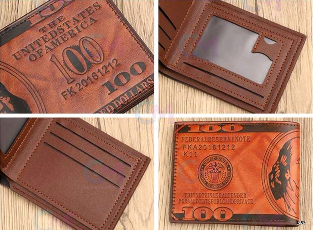BILLETERA COLOR CAFE CLARO CUERO PU CON TARJETEROS MULTIPLES ESTAMPADO DE 100 DOLARES DE USA M57